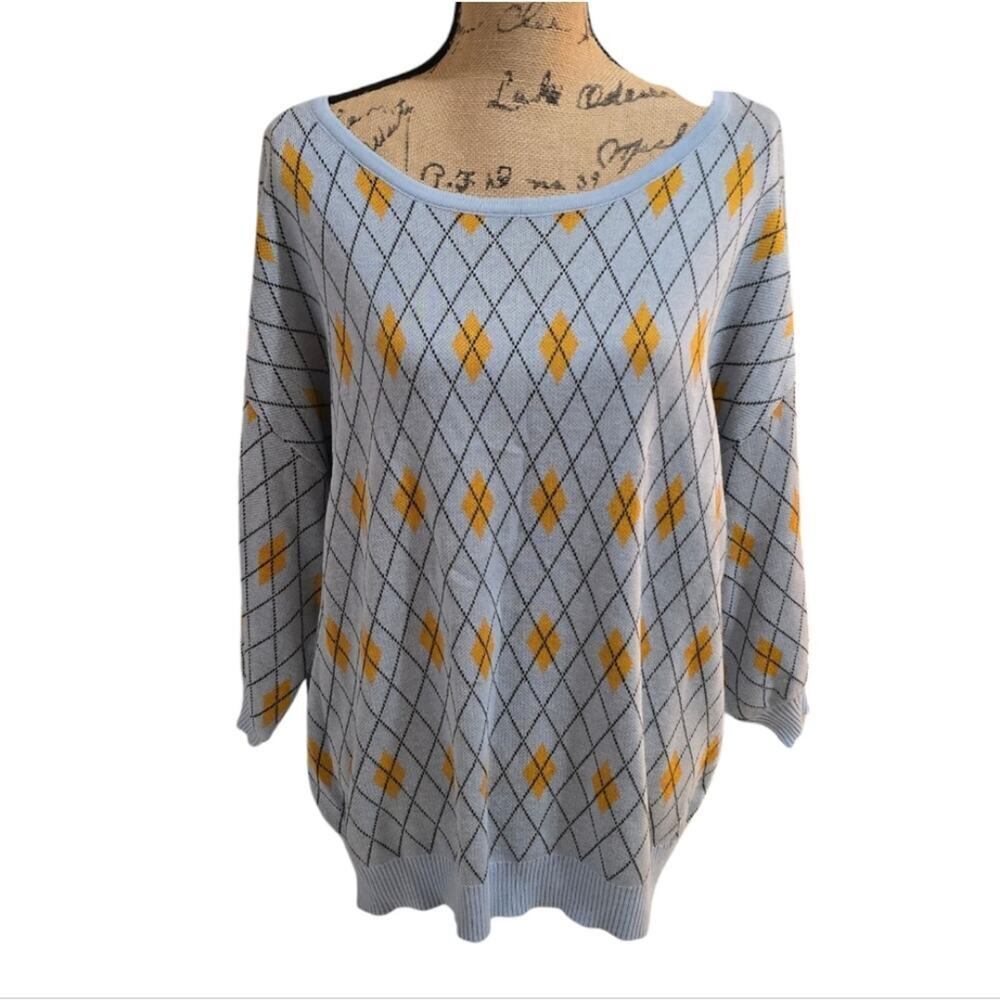 Belldini Women Sweater 2X Powder Blue‎ Argyle Knit Long Sleeve Top Plus Size